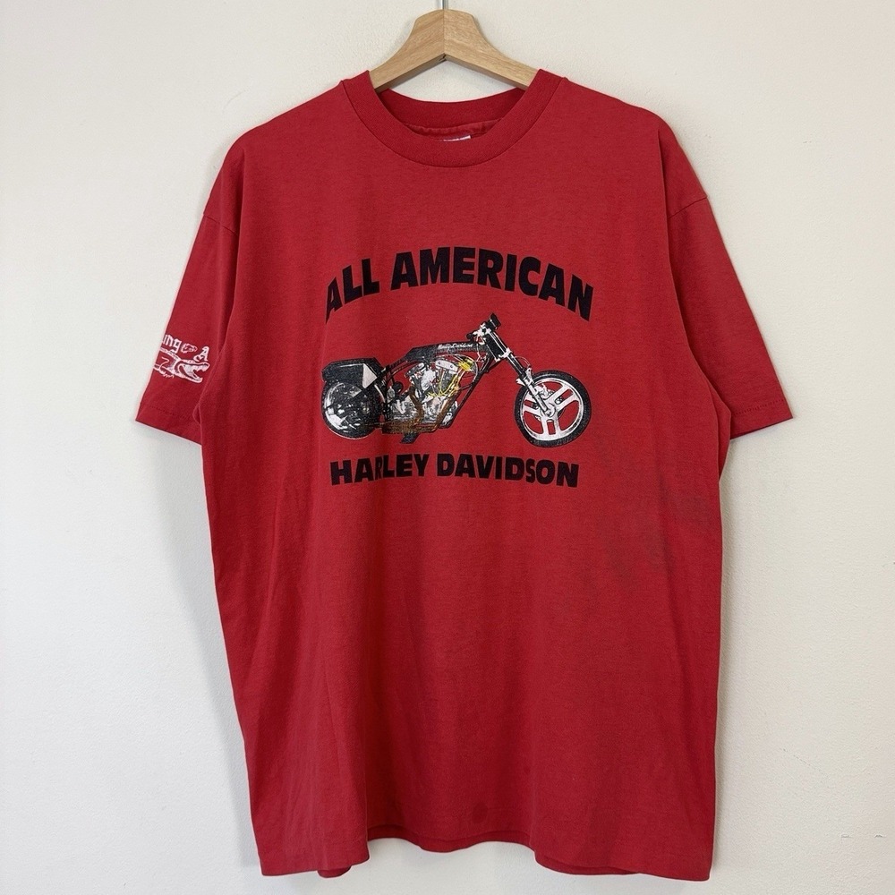 Vintage 80s Harley Davidson All American Bike Motorcycle LA Red Tee Shirt - XL